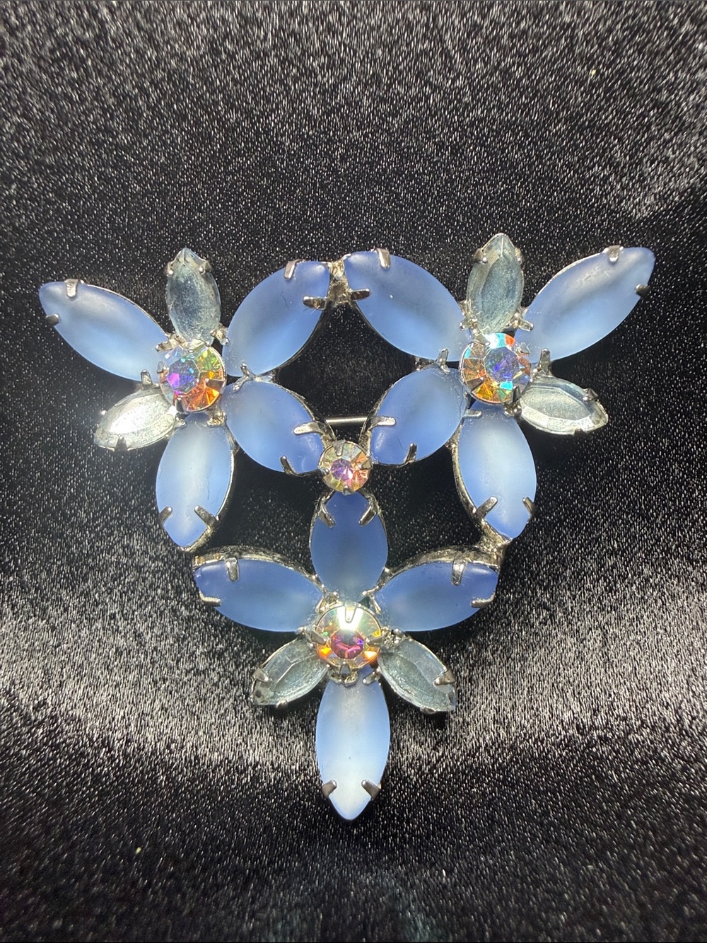 Vintage Blue Frosted Crystal Floral Brooch Kramer of New York Stamped